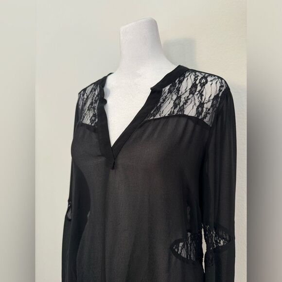 Anthropologie Lush Black Long Sleeve Sheer Top Lace Accents Women’s Size Medium - Picture 4 of 15